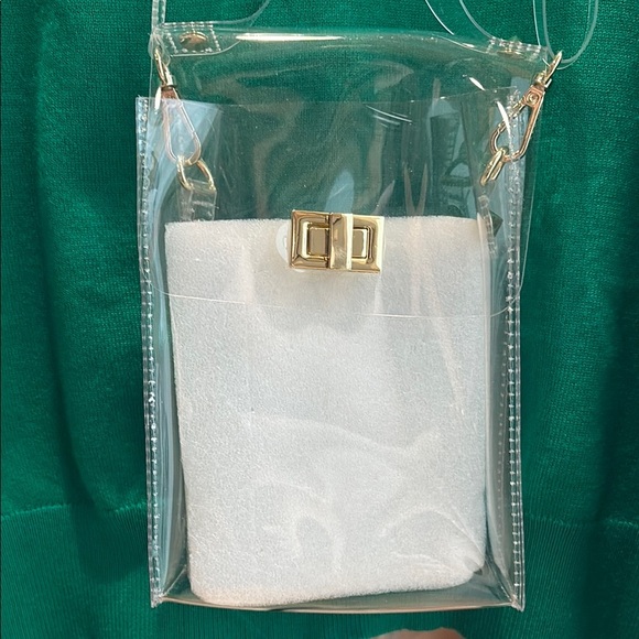Clear & White Crossbody Bag with Gold Chain Accents Stadium Approved Purse - Picture 1 of 8